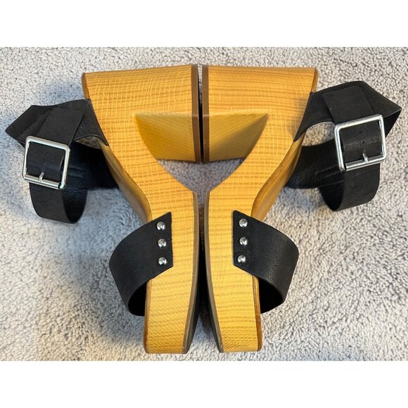 MIA Size 8 Black Strap Platform Sandals W/ Wood Block Heel & Adjustable Strap - Picture 4 of 14